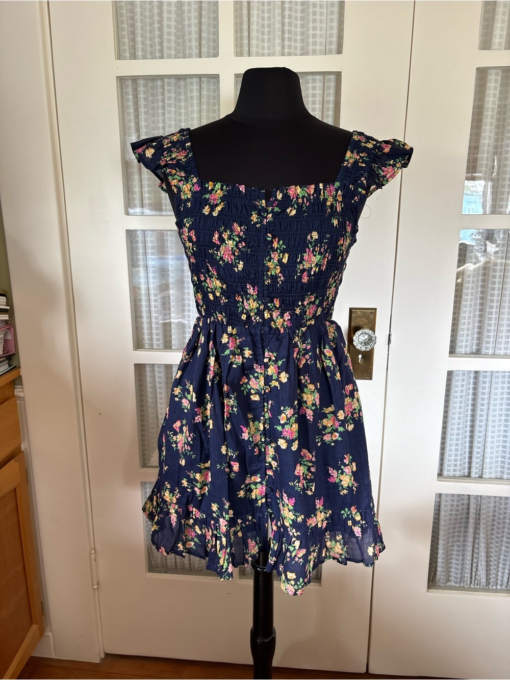 Anthropologie Navy Floral Smocked Mini with Bright Floral Accents